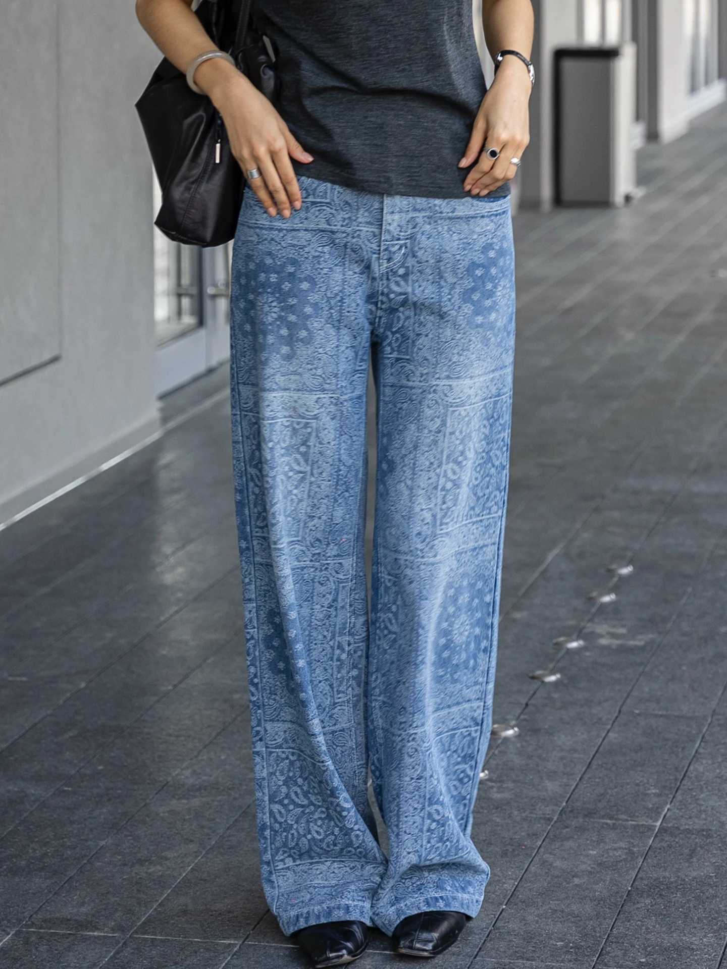 

Синие джинсы с ретро-принтом, модный дизайн, высокая талия, свободный крой, прямые штанины, повседневные брюки из смеси хлопка и полиэстера