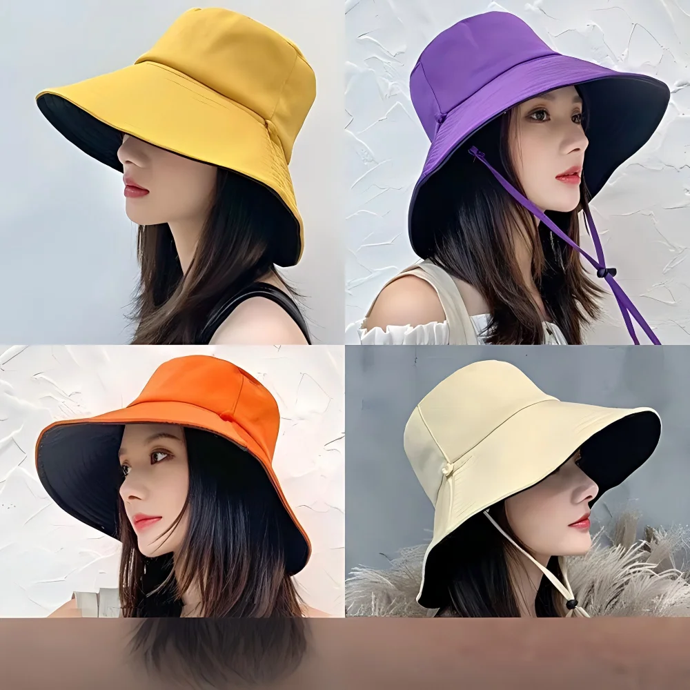 Womens Reversible Solid Color Bucket Hat Japanese Style Wide