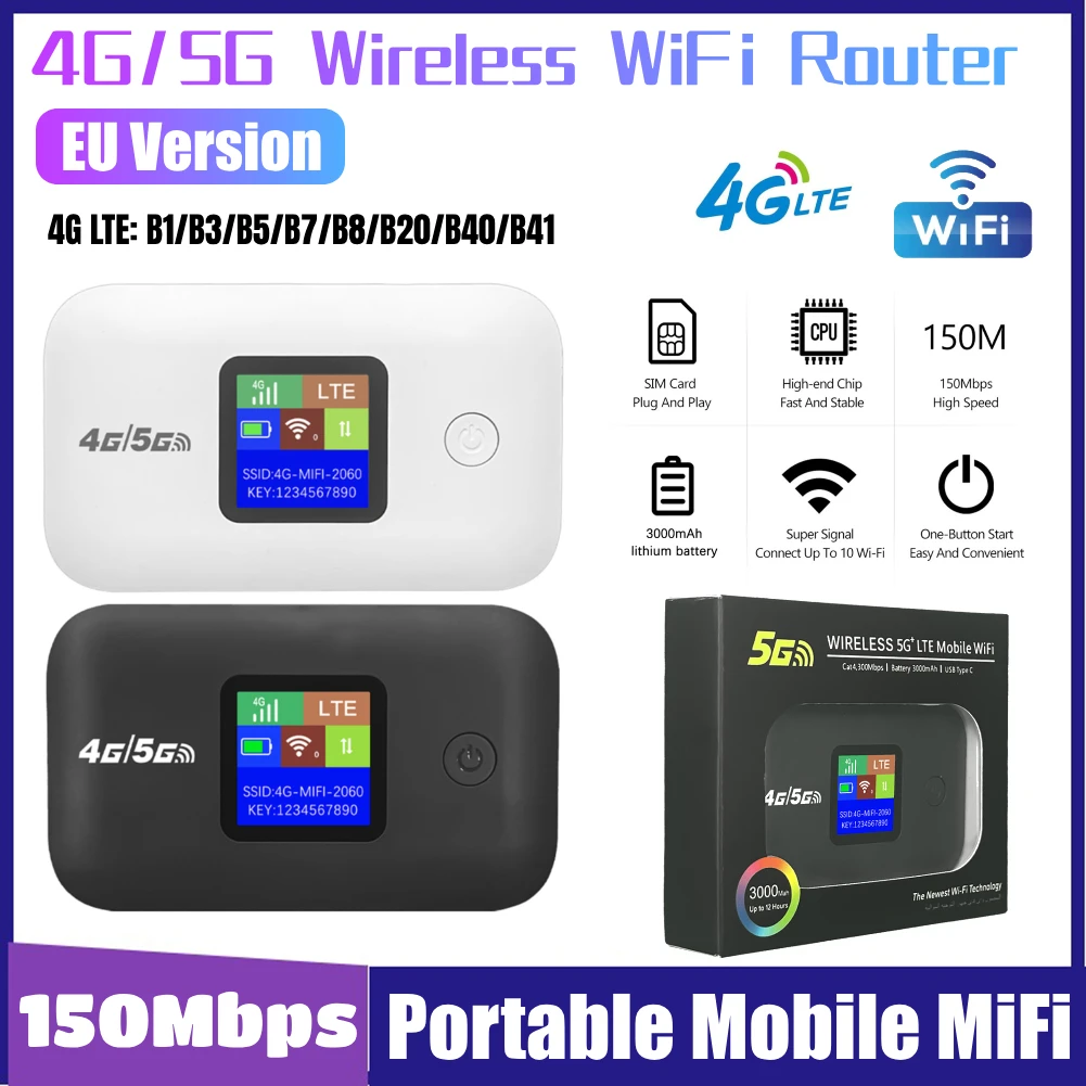 4G/5G LTE Wireless WiFi Router 150Mbps Pocket WiFi Modem with Sim Card Slot Portable MiFi Modem Car Mobile Wifi Hotspot Dongle
