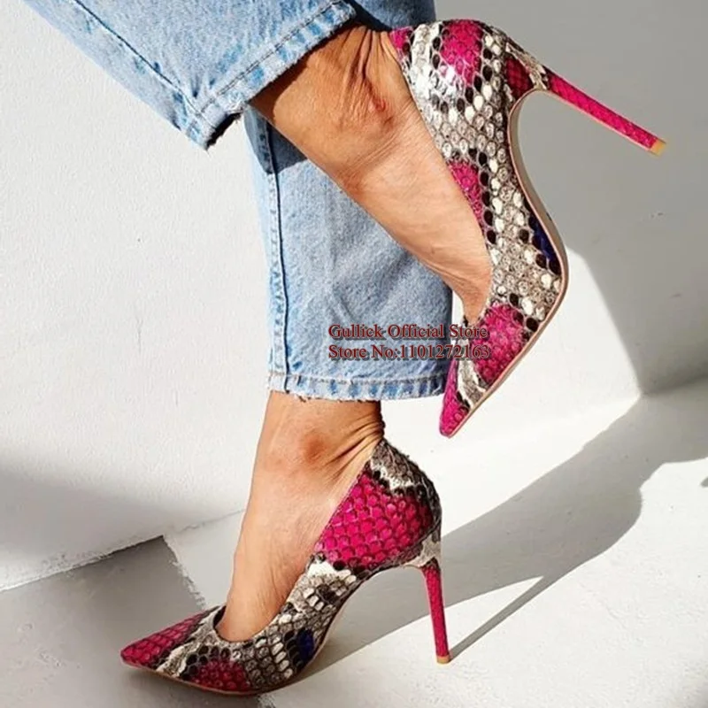 مثير جلد الثعبان أحذية عالية الكعب الوردي الأبيض اللون المرقعة بيثون 12 سنتيمتر فستان مضخات أشار تو الضحلة الاحتفال الأحذية Size45