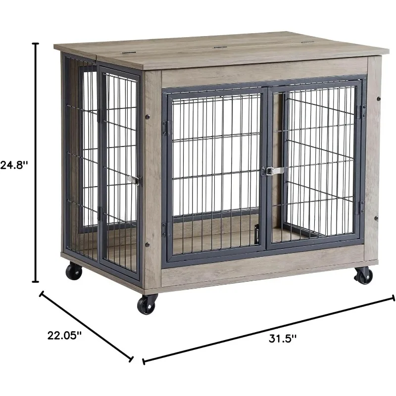 Dog Crate Furniture,Wooden Kennel with Front/Side Doors &Bottom Wheels for Small Medium Dogs up to 30 lb,Grey