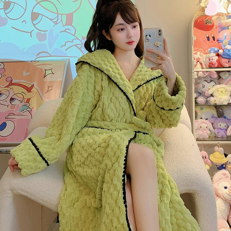 Thickened Flannel Robe Women Autumn Winter Warm Nightwear Loose Casual Home Wear Sexy Coral Fleece Bathrobe Long Nightgown