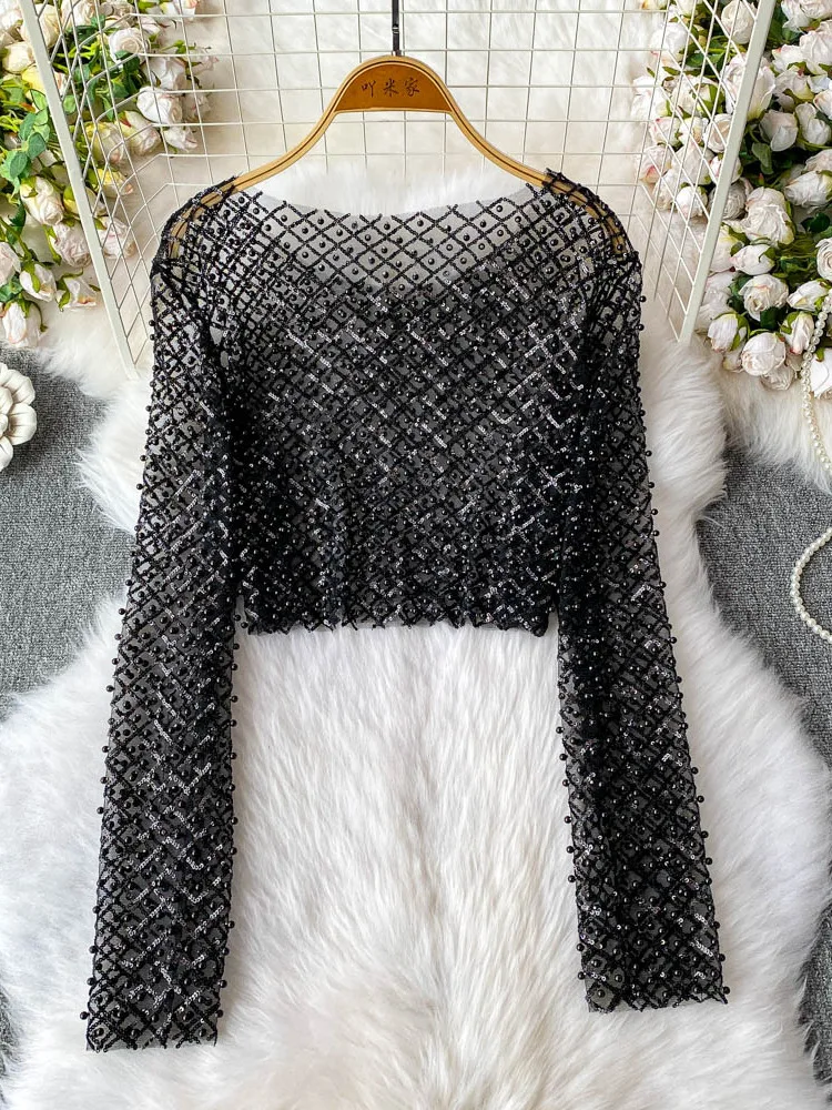 2025 mode Streetwear paillettes résistant au soleil Blouses Sexy perle perles culture hauts femmes col rond manches longues chemises transparentes
