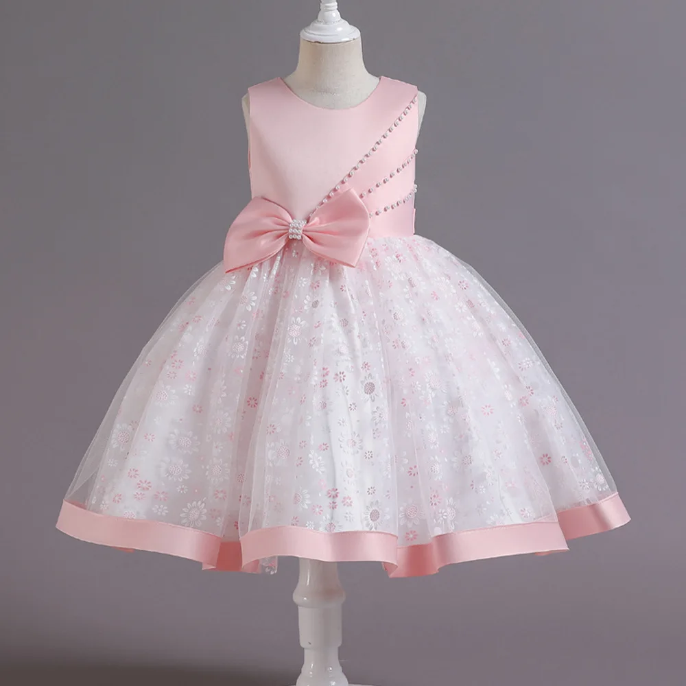 

Girl Sleeveless Dress Satin Accented Bodice Pearl Detailing Large Bow Floral Tulle Kid Skirt Satin Hem Children Elegant Outfit