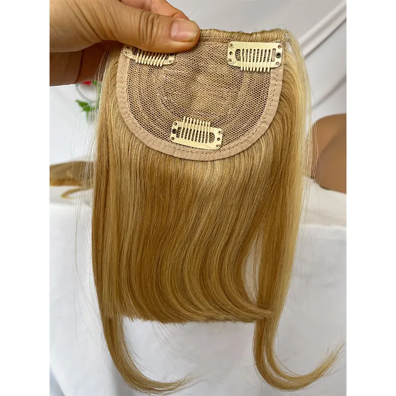 27P613 Blonde Mixed Brown Color Brazilian Human Hair Clip-in Hair Bangs Full Fringe Short Straight Hair Extension for women 6-8\