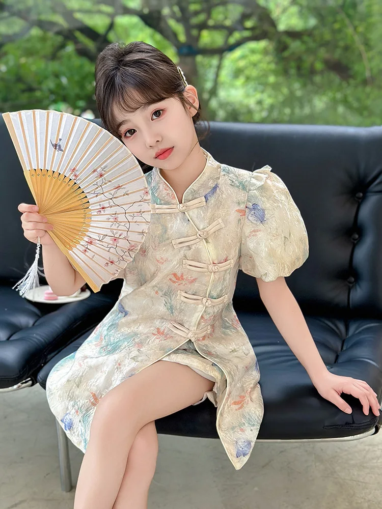 Novo verão retro estilo estrangeiro vestido de princesa estilo chinês roupas tradicionais meninas cheongsam saia elgant qipao