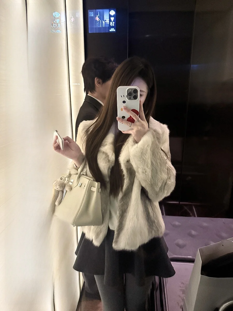 

Ele Double-Dye Rabbit Fur Jaet Slimming Top Quali NAOAO Snow Mountain Rabbit Skin Long Sve ort Coat for Women