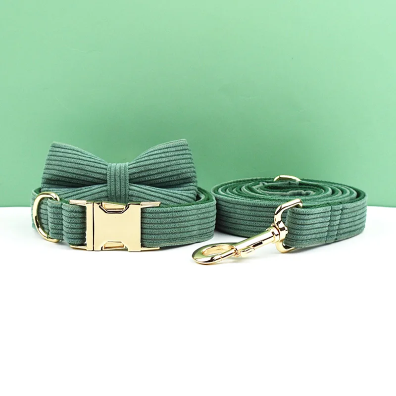 Ensemble collier et laisse en velours côtelé vert foncé pour chiens, plaque signalétique gravée personnalisée, fournitures pour animaux de