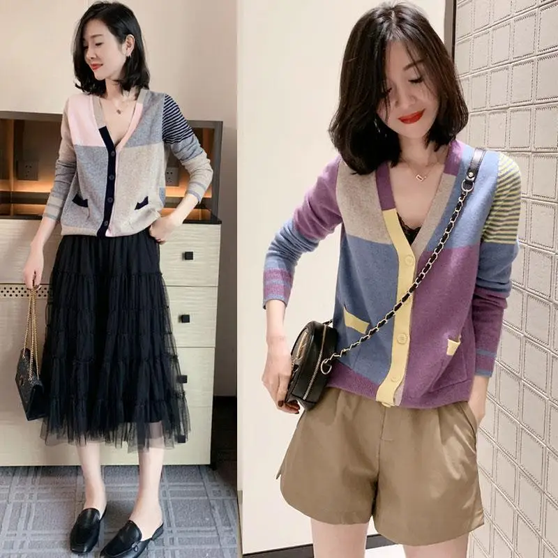 Women Autumn Korean Fashion Patchwork Striped Loose V-neck Long Sleeve Knitwear Ladies Casual All-match Knitting Cardigan Tops