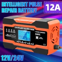 Cargador de batería de 12V, 24V, 12A, 10A, carga rápida inteligente para baterías de coche, reparación de pulso de carga de 7 etapas para AGM GEL, ácido de plomo húmedo