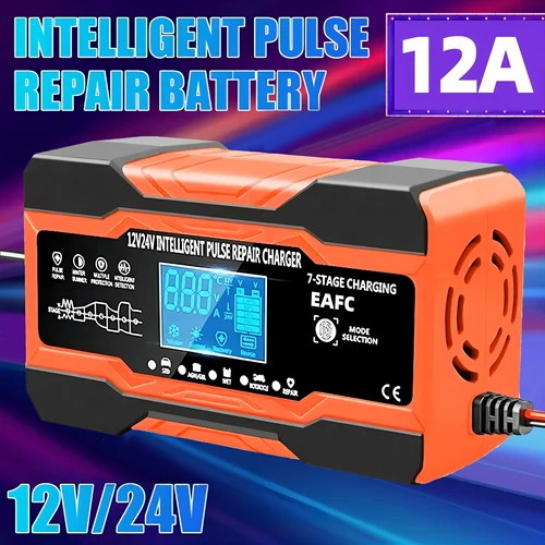 Cargador de batería de 12V, 24V, 12A, 10A, carga rápida inteligente para baterías de coche, reparación de pulso de carga de 7 etapas para AGM GEL, ácido de plomo húmedo