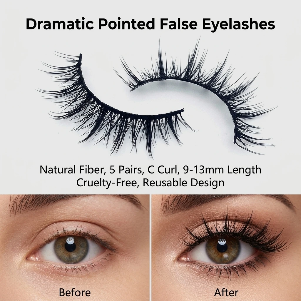 Professional Women's False Eyelashes Fairy Demon Style Pointed Lashes C Curl Natural Fiber 5 Pairs for Party Makeup Look