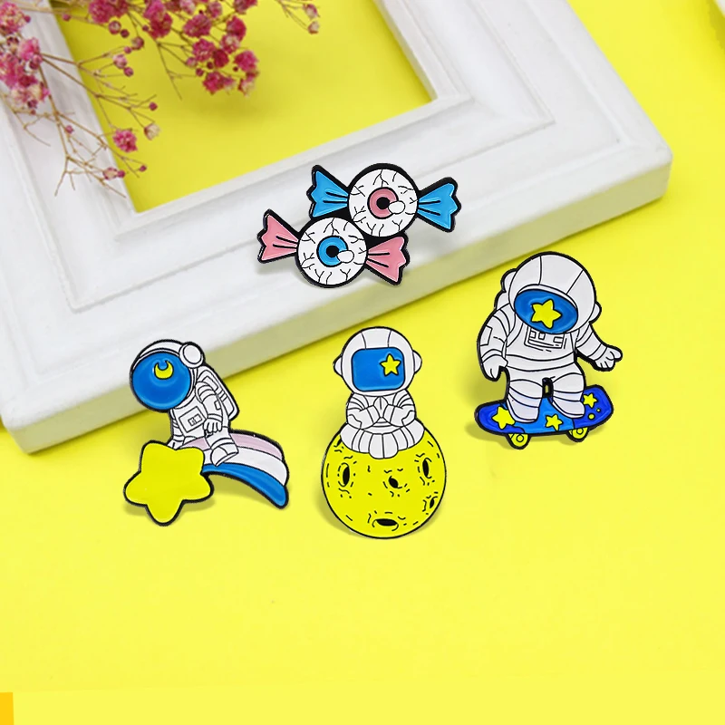 Outer Space Astronaut Enamel Pins Star Meteor Moon Planet Rainbow Skateboard Candy Eyeball Brooches Badge Lapel for Kids Jewelry