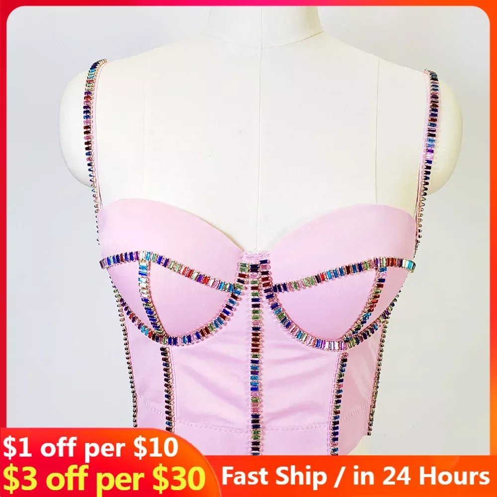 

Rhinestone Beads Gathered on Top of The Corset Wearing Hot Girl Sexy Nightclub Breast-wrapping Woman Clothing White Crop Top