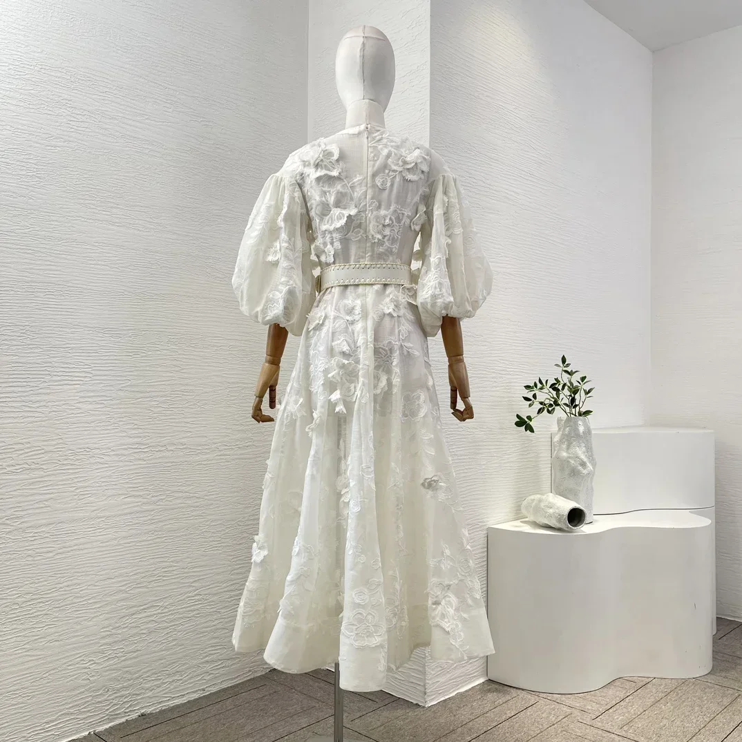 Linen Silk 2024 New White Heavily Embroidered Flower High Quality Lantern Sleeves Belted Elegant Women Midi Dress