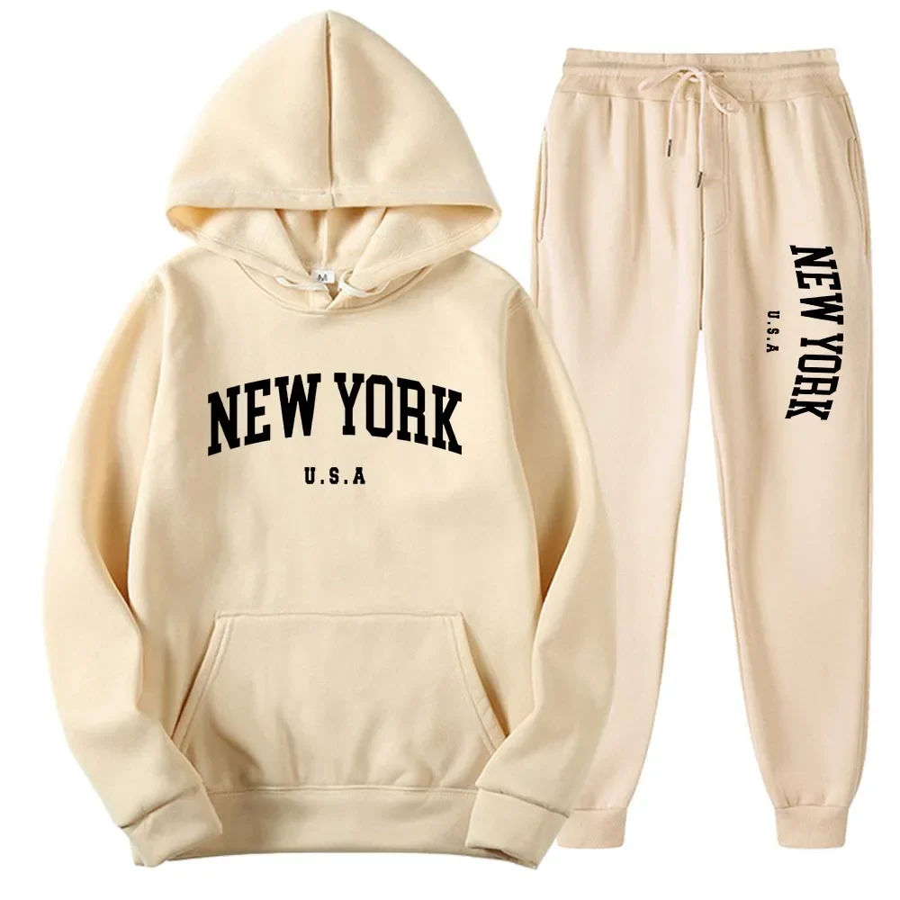 Spring New York U.S.A City Men Women Hoodies Sets Fashion Letter Graphic Sweatshirts Loose Casual Harajuku Hooded+Pants Pullove