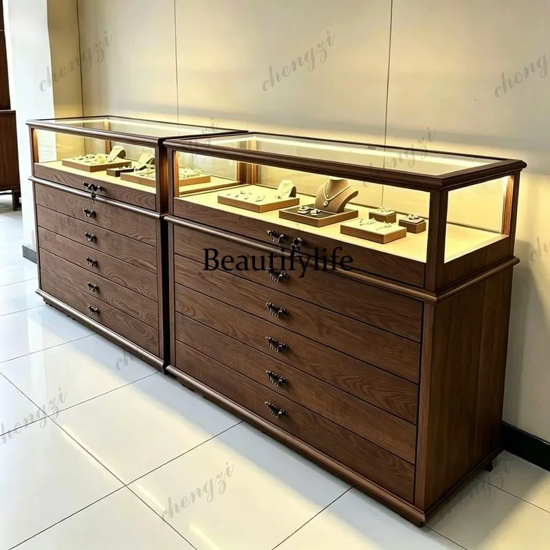 Vintage Solid Wood Jewelry Display Jade, Glass Showcase Jewelry Silver Jewelry Cultural Relics Nakajima Counter