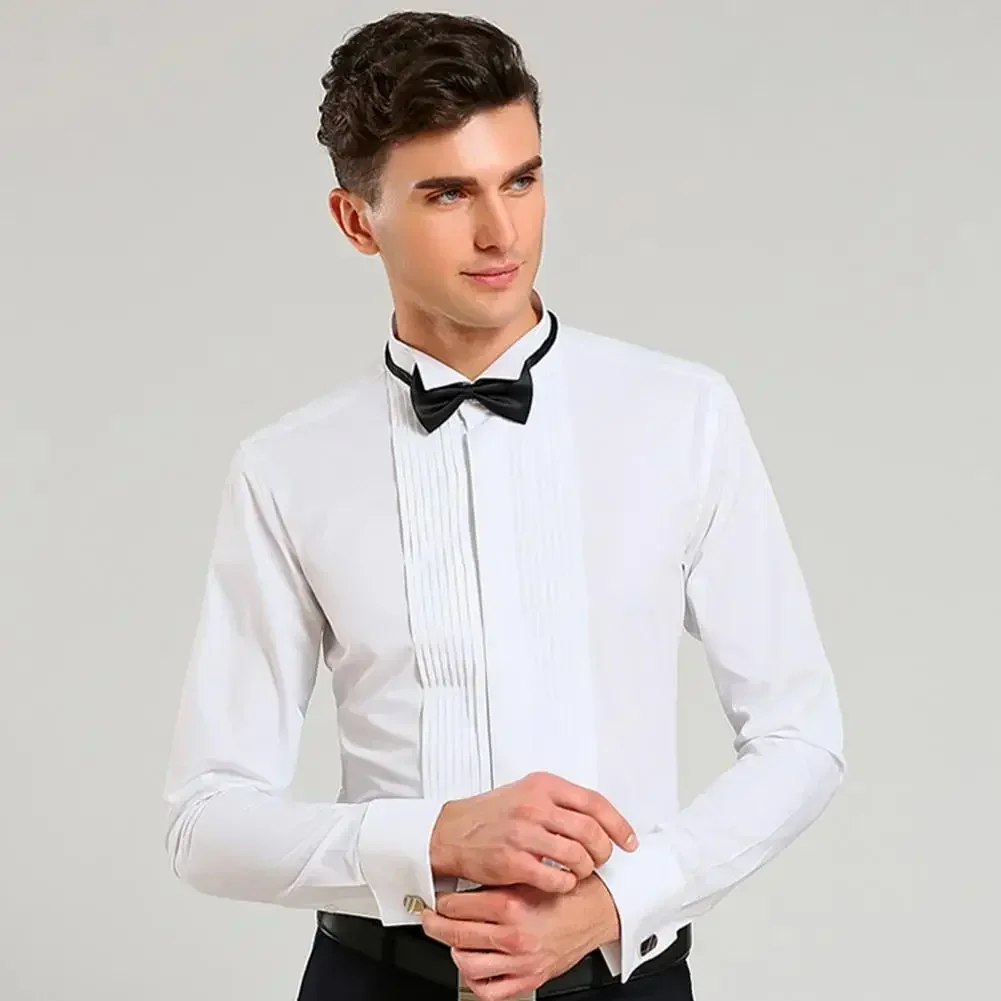 Wingtip Shirt Männer Shirt elegante formale Hochzeits feier Shirt mit Fliege Langarm Revers Button-up Groom smen Kleidung einfarbig