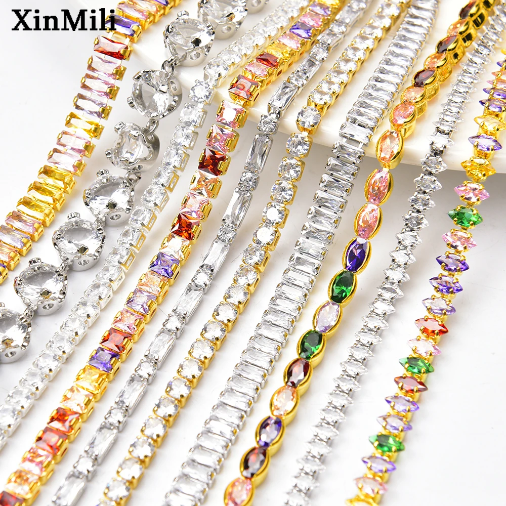 

Sparkling Rectangle Square Zircon Crystal Chain Silver Base Dense Zirconia Jewelry Trim For Nail Art Necklace Clothes Decoration