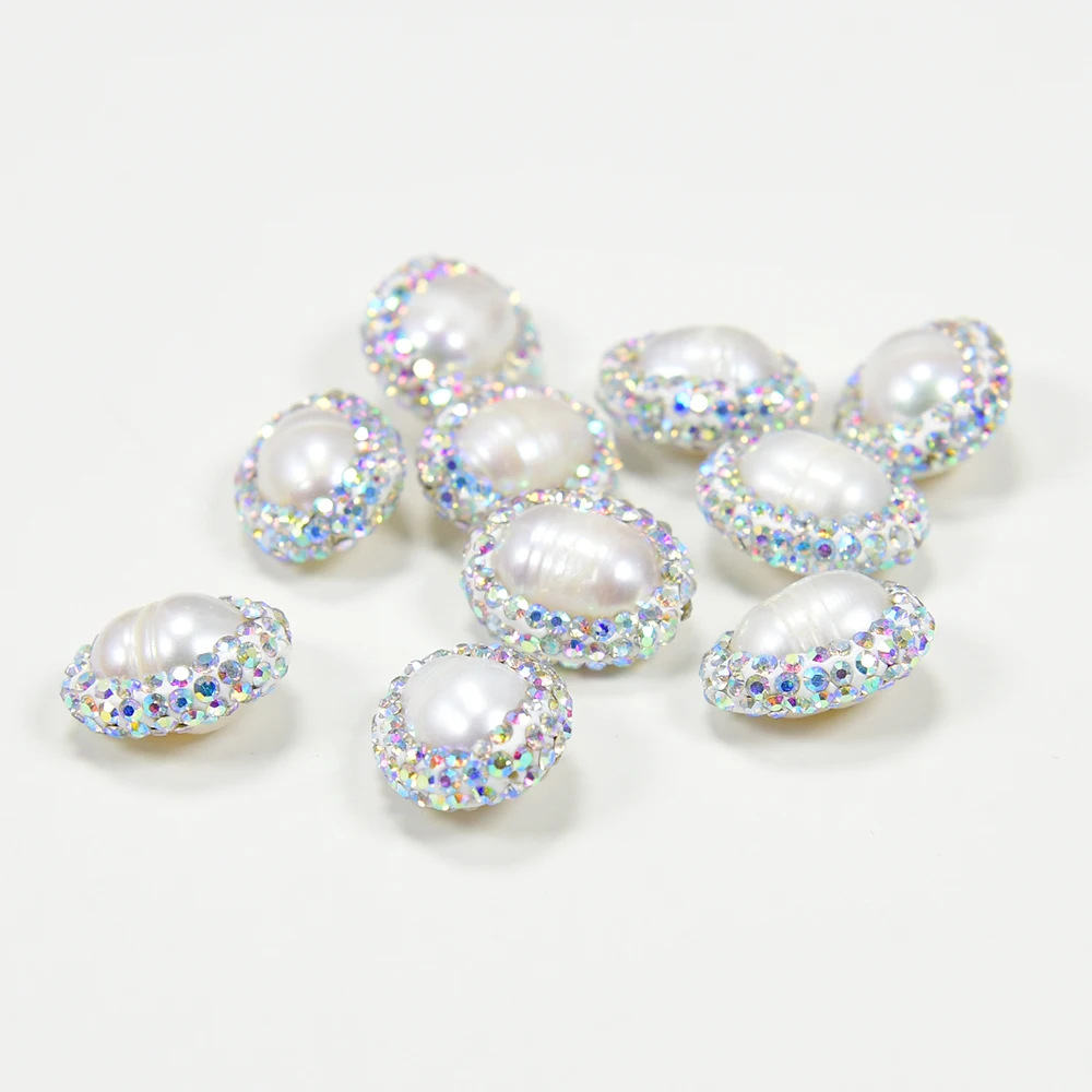 10 Pcs Natural Cultured White Egg Rice Pearl Trimmed With CZ Rhinestone Beads Spacer Jewelry Finding Accessories