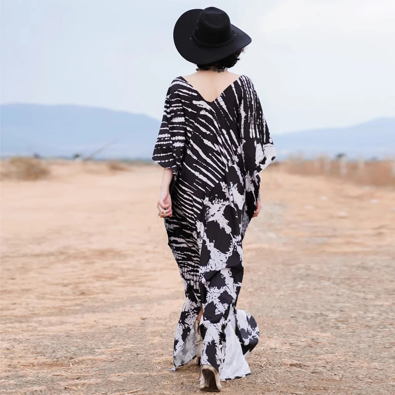 Effortlessly Chic Black Tie Dye Kaftan Dresses Flowy Caftan Maxi Dress Boho Wild Rock Stylish Robe Relaxed Women Beach Cover Ups