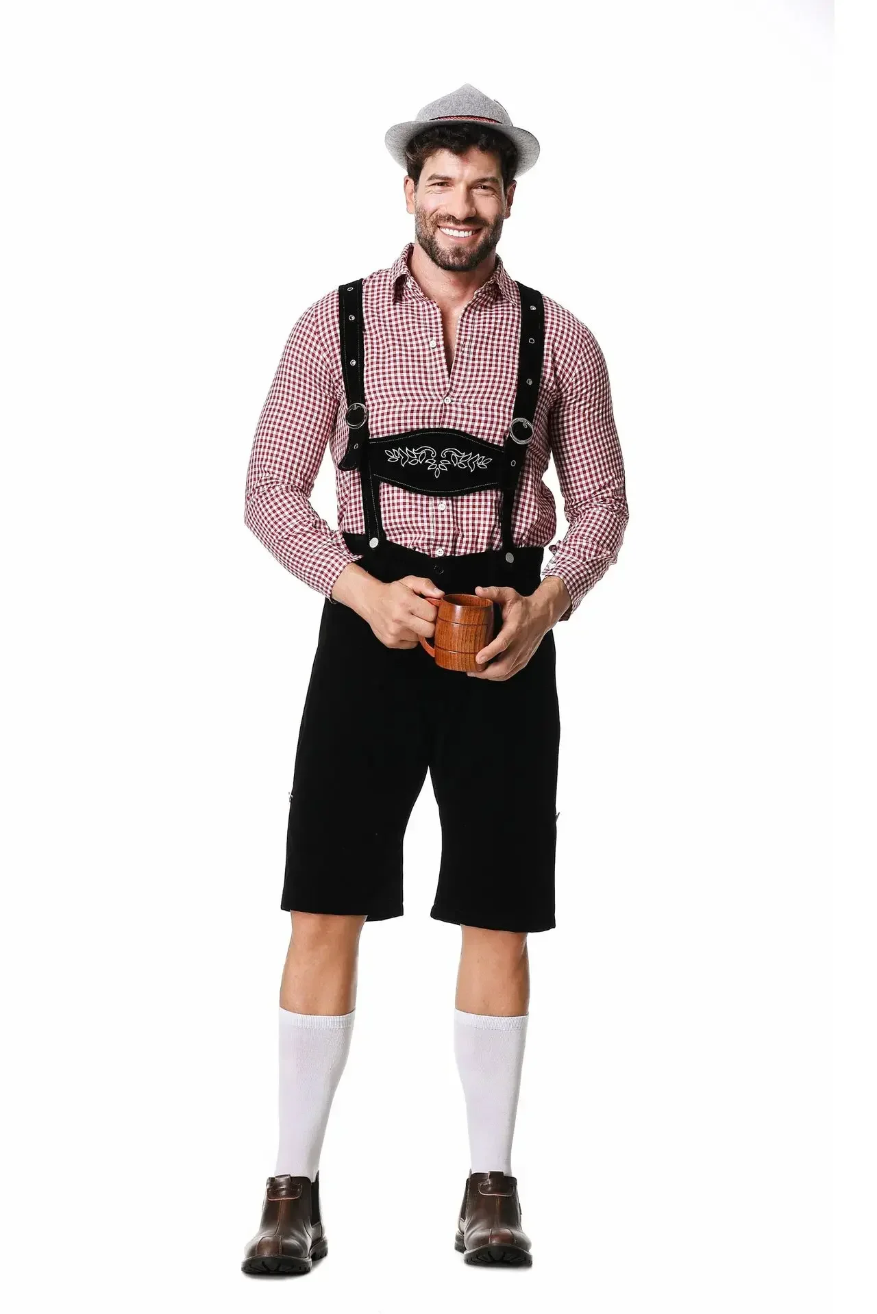 Germany Munich Traditional Oktoberfest Carnival Clothing Plaid Shirt Embroidery Suspenders And Hat Suit view 2