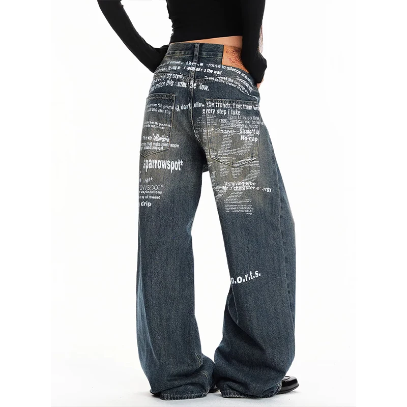 Women Gothic Y2k Blue Jeans Vintage Grunge Boyfriend Style Letter Print Jeans Pants Baggy Boyfriend Wide Leg Denim Pant