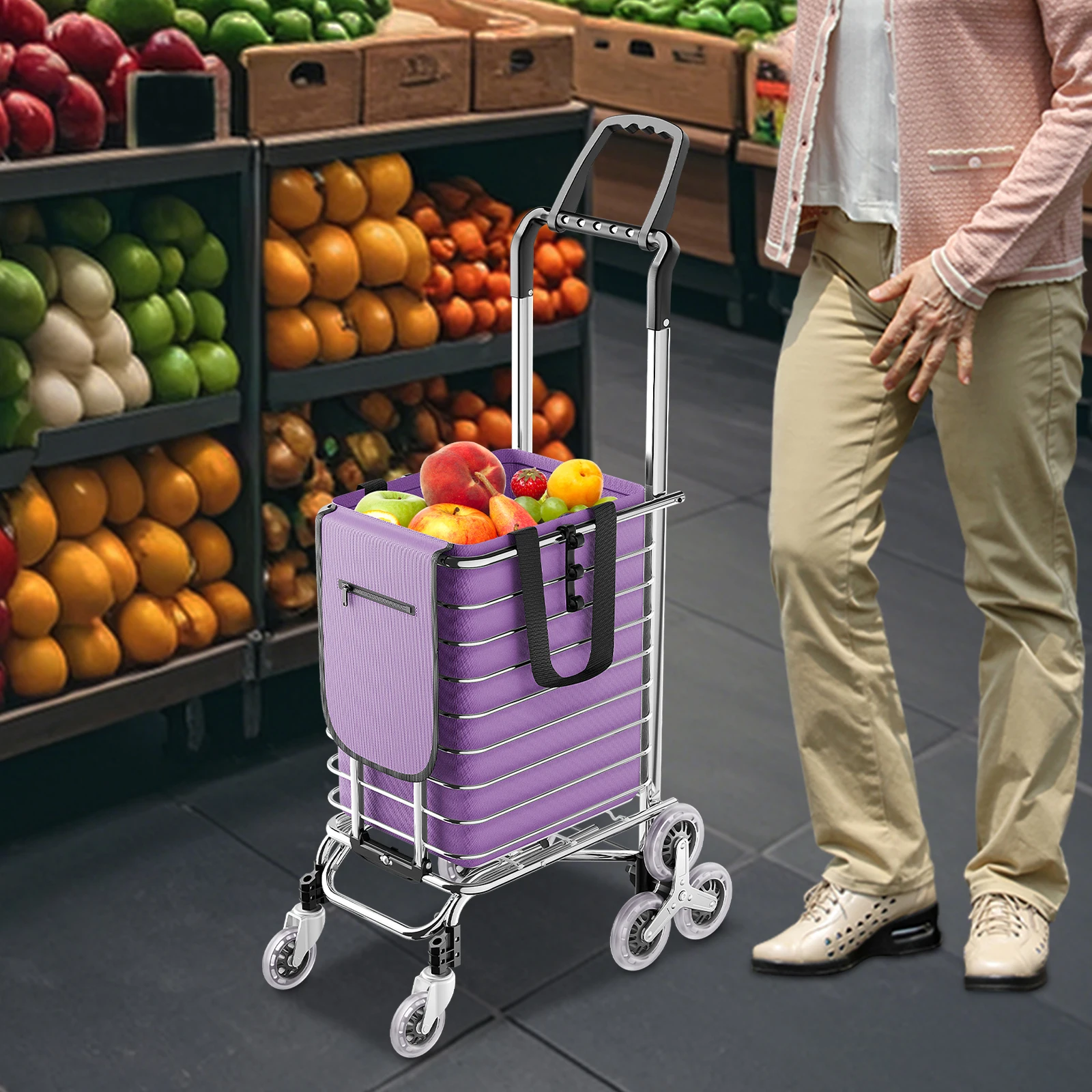 

Portable Rolling Trolley Basket, Utility Duty Stair Shopping Cart Household Foldable Groceries for Markets, Outdoor Picnics