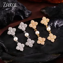 ZAKOL Luxury Gold Silver Color Flower Long Drop Earrings for Women Pearl Cubic Zirconia Bridal Earring Fashion Wedding Jewelry