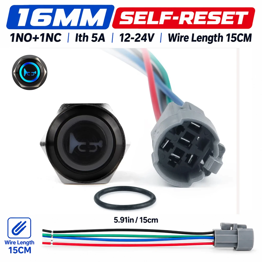 16MM Car Horn Push Button Switch Momentary W/ Wire Harness, Car Modification for Truck Boat Motorcycle (Black)