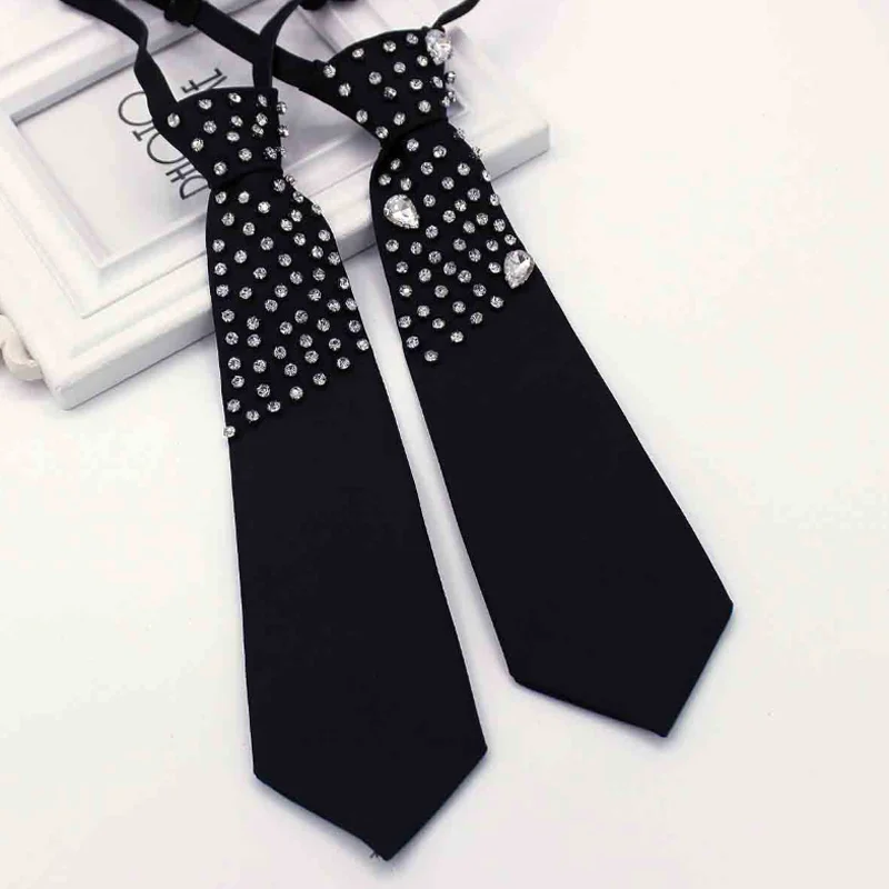 Luxury Crystal Diamonds Black Tie Women Versatile Matching Shirt Tie Accessories Lady Knot Pullover Detachable Collar Neck Ties