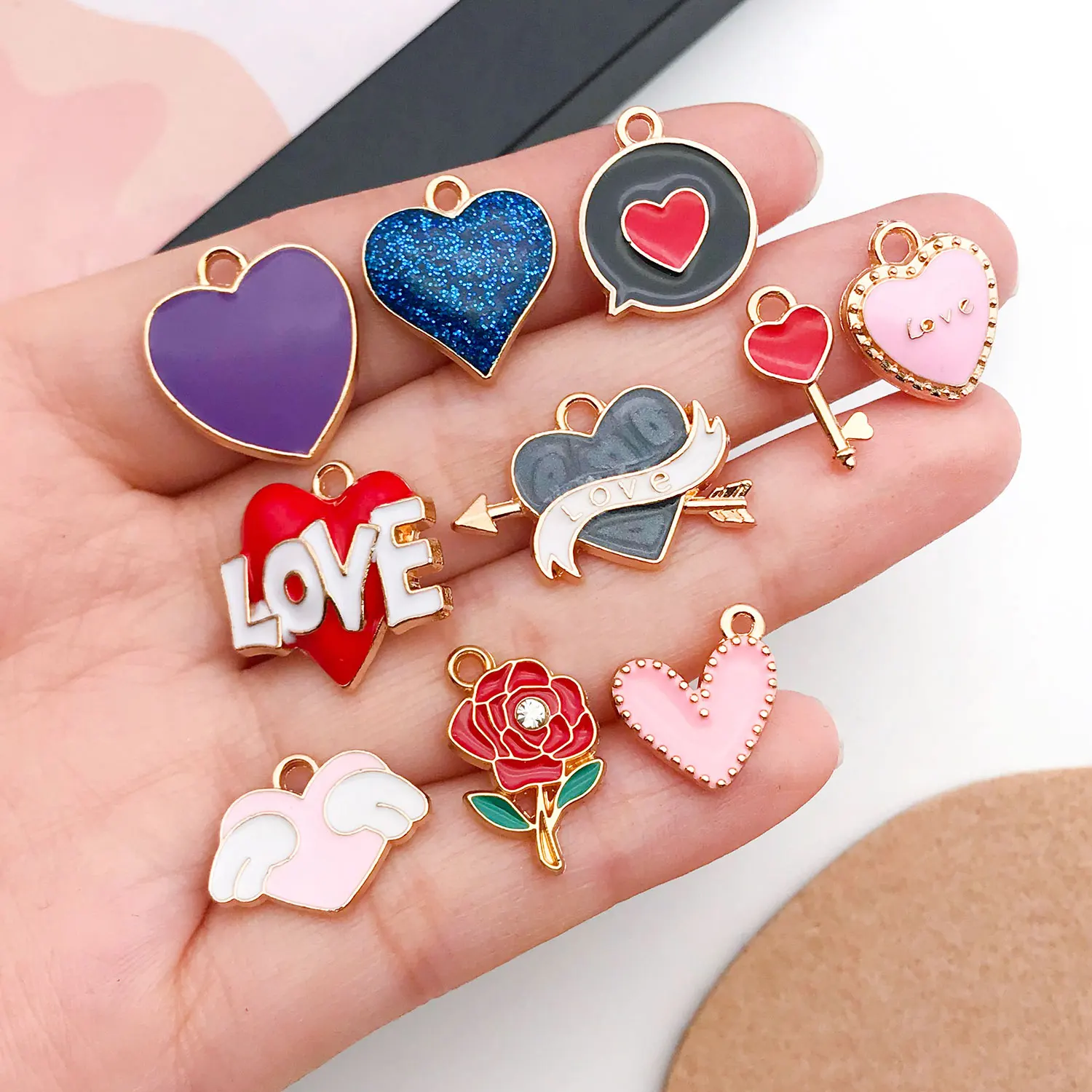 مختلط 30/120 قطعة قلب، شكل خوخ، وردة، سحر قلادة من سبائك المينا على شكل جناح، إكسسوارات زينة ذاتية الصنع، الأكثر مبيعًا.