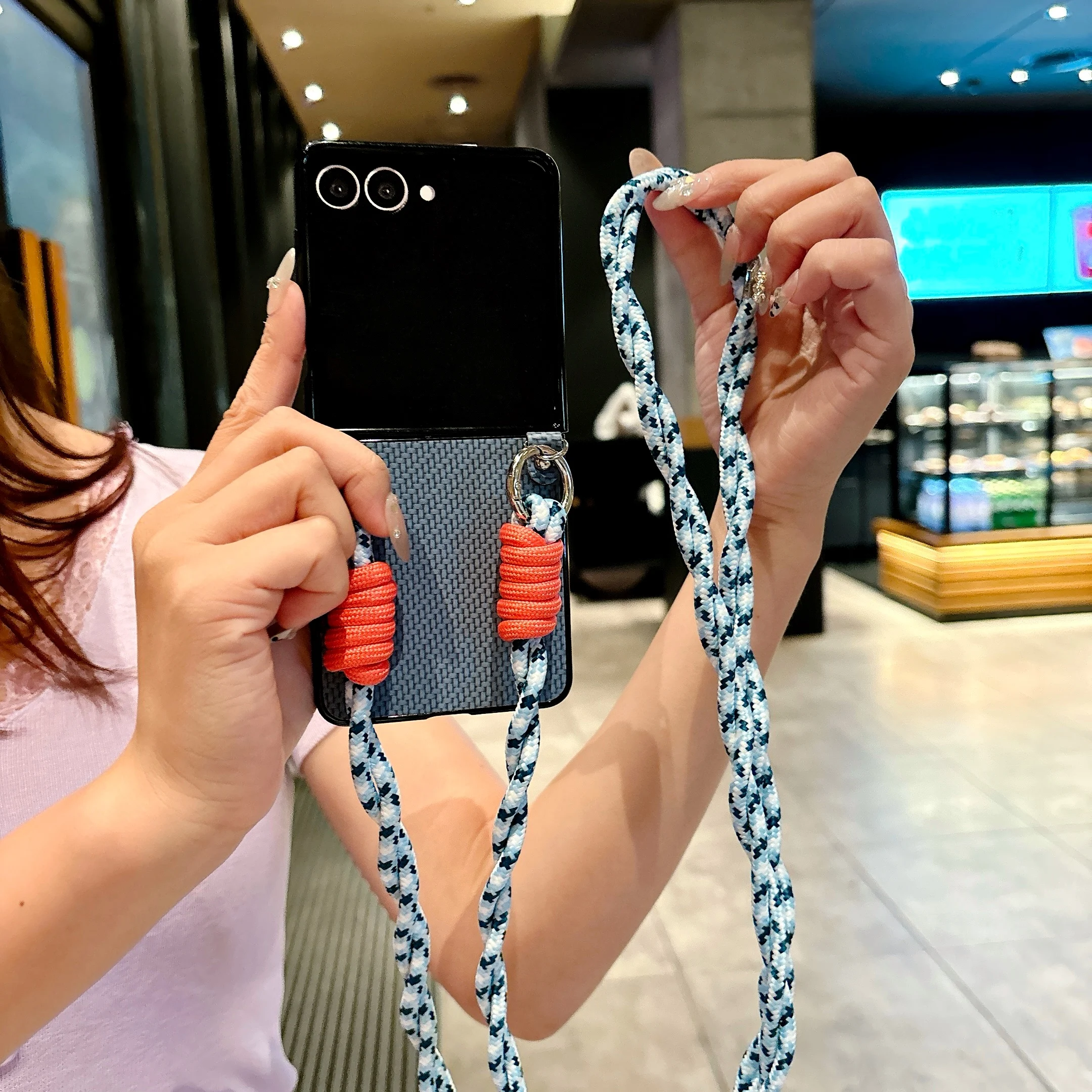 الغطاء الخلفي لسامسونج غالاكسي Z فليب 7 6 5 4 3 مع أشرطة الحبل الطويلة حبل الخيزران حصيرة بولي Leather الجلود الصلب PC للصدمات