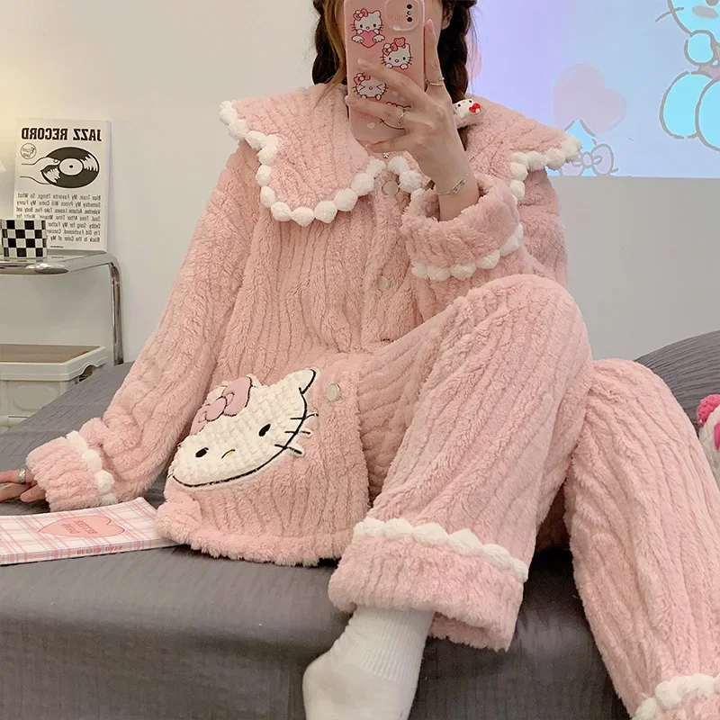 Hello Kitty Women Pajamas Winter Warm Flannel Nightwear Thickening Warm Long Sleeve Sleepwear Female Home Wear Pijamas Clothes