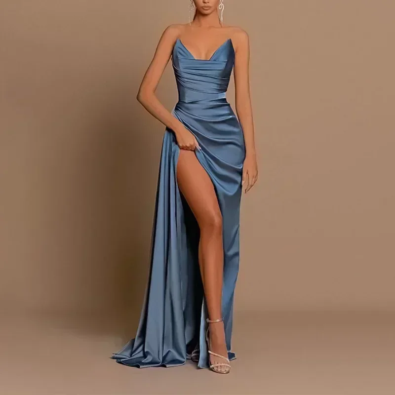 Customized Strapless Simple Elegant Evening Dresses Slim Waist Split Femininity Sexy Temperament Wedding Party Vestidos Slim Pro