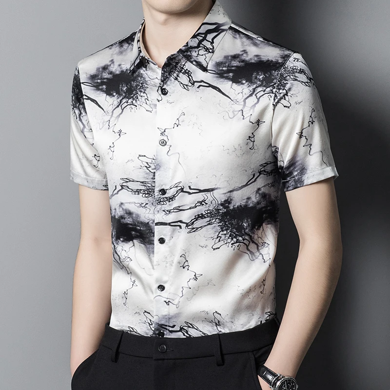 Chinese Style Real Silk High-End Men Shirt Short Sleeve 3D Print Summer Soft Comfortable Easy Care Premium Banquet Chemise Homme