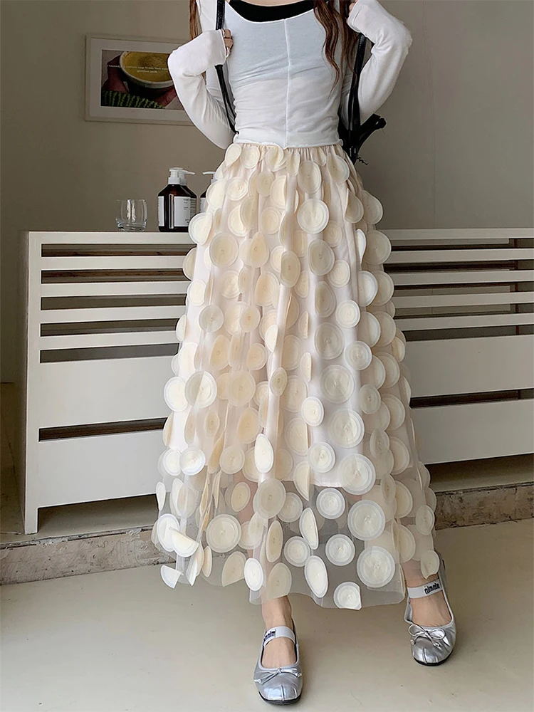 Women's Apricot Mesh Patchwork A-line Skirt Vintage Aesthetic Y2k Long Skirt Harajuku Korean Elegant Skirt 2000s Clothes Summer