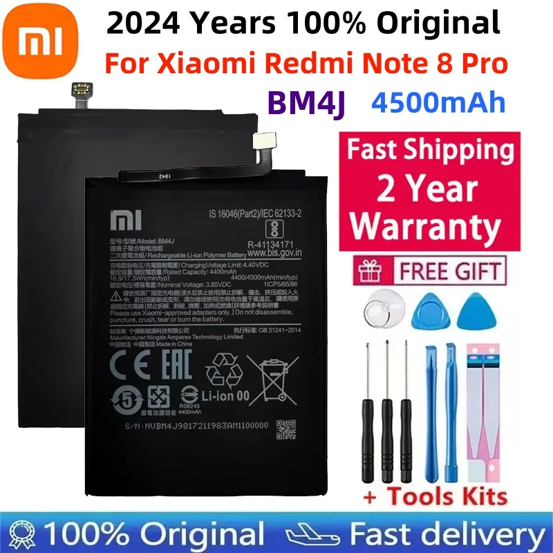 100% Original 4500mAh BM4J Battery For Xiaomi Redmi Note 8 Pro Note8 Pro Genuine Replacement Phone Battery +Gift Tools +Stickers