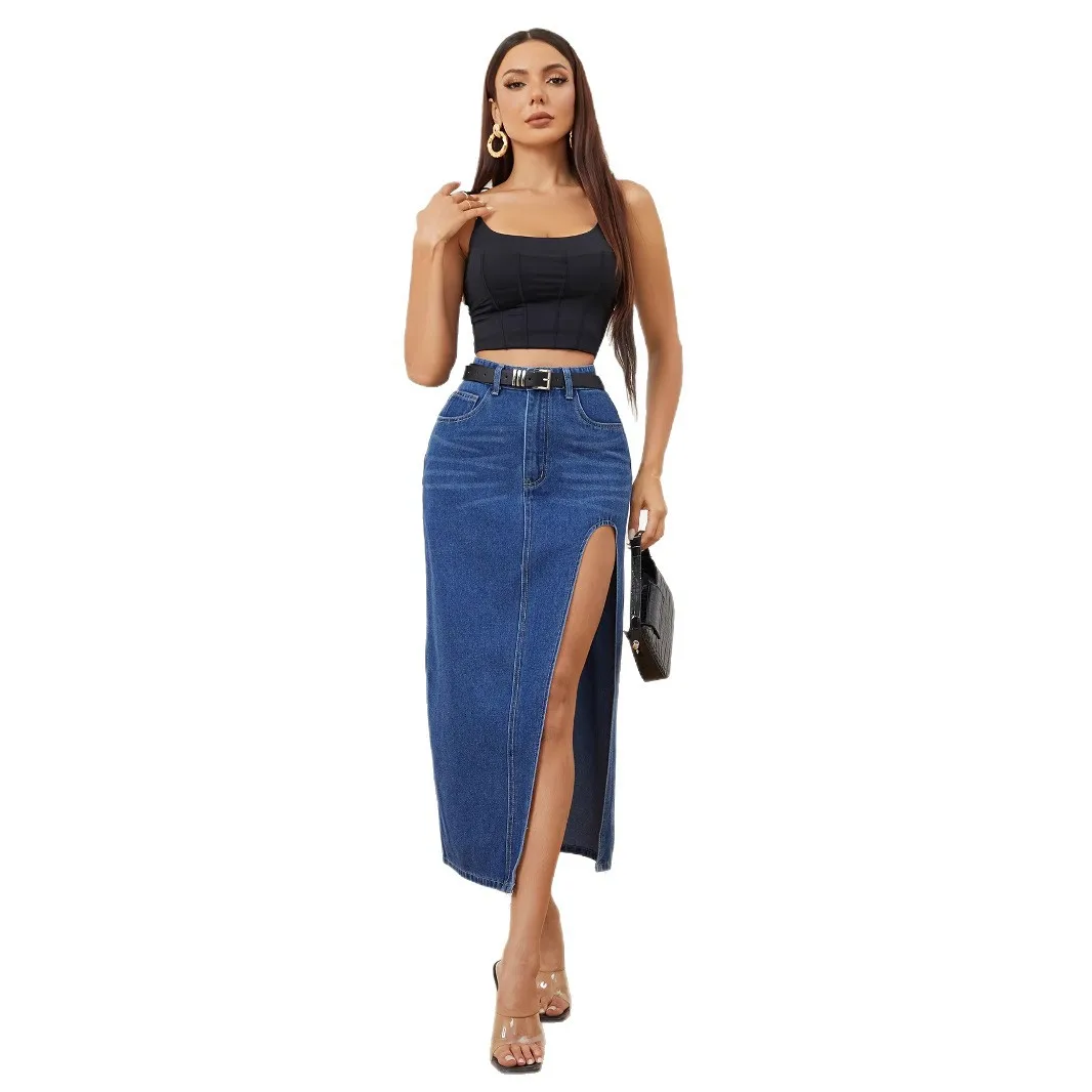 2025 Falda vaquera de talle alto para mujer, corte asimétrico, abertura larga, Retro Azul, vaquero, Midi, corto, pantalones vaqueros informales sexys de verano