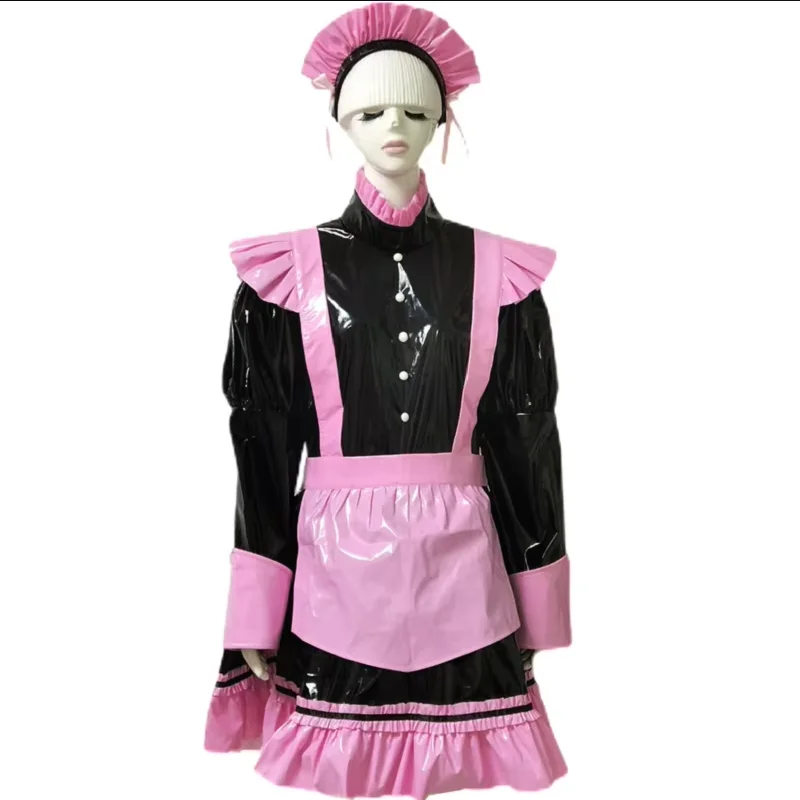 

Adult Giant Baby Sexy Girl Black PVC Dress Pink Apron Sissy Makeup Ball Maid Gothic Ball Dress Role Play Customizable Lockable