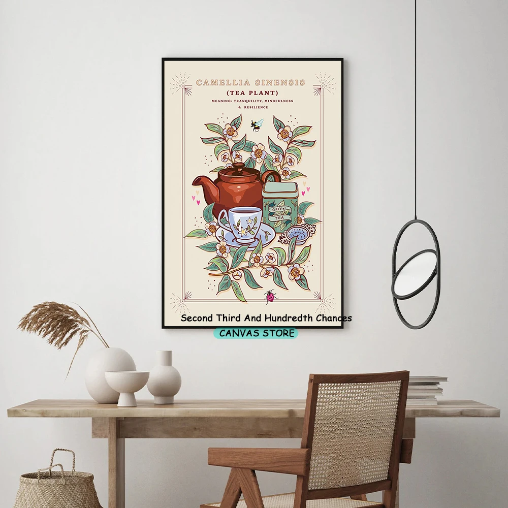 Tea Plants Nature Guide Camellia Sinensis Tea Plant Illustration Floral Teapot Poster Canvas Painting Wall Pictures Home Decor