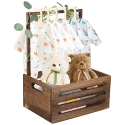 Baby Shower Crate Closet Thickened Wood Baby Shower Basket with Handle Hollow Out Baby Storage Crate with 5 Hangers and Wreath