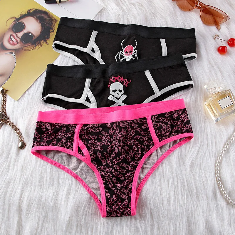 Skull print plus size women's triangle pants are comfortable, breathable, half hip, sporty, mid waist, sexy underwear, women's d