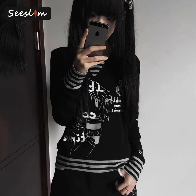 

Seeslim готическая лоскутная женская футболка с длинным рукавом, одежда 2000-х годов Y2k, винтажные готические осенние топы, футболки, женская одежда, футболки