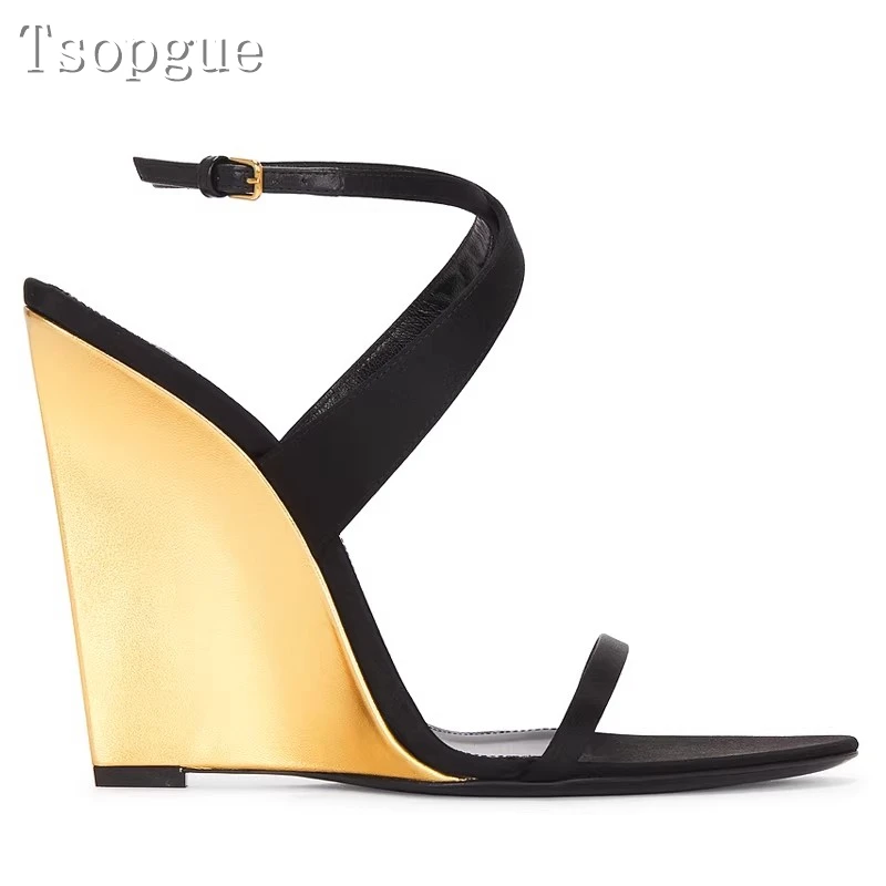 Summer New Golden Wedge Sandals Women Sexy and Spicy New Style with Pointed Open Toe High Heels Shoes for Fashion Shows