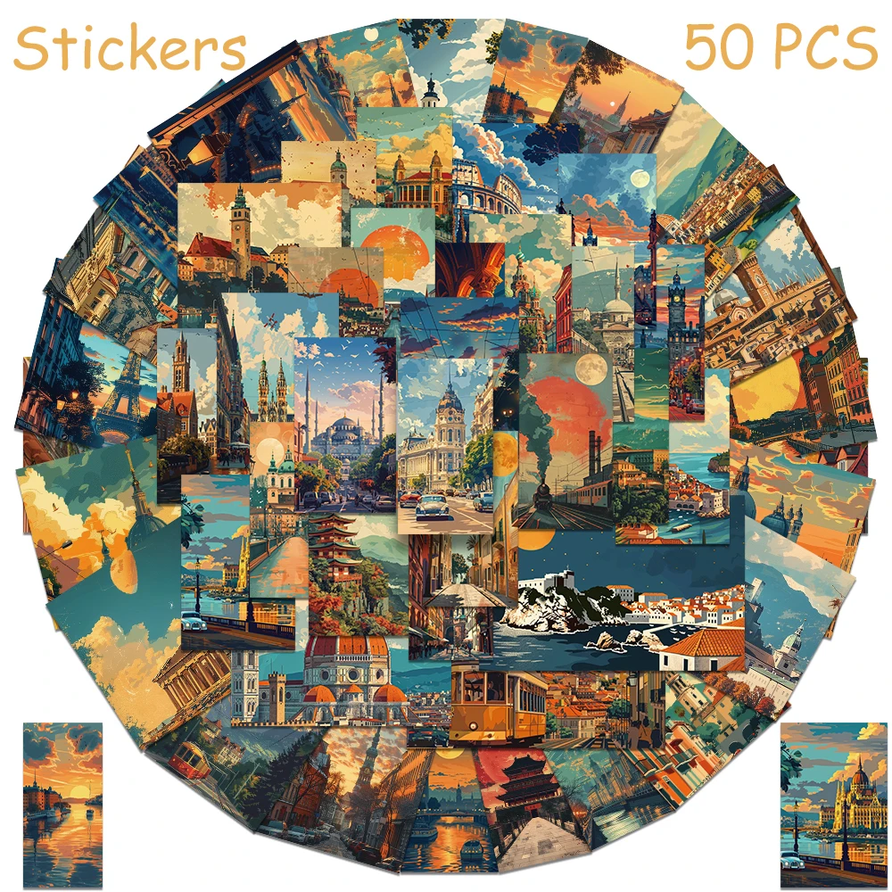 

50pcs Retro Landscape Painting Stickers Decals For Phone Laptop Luggage Refrigerator Aesthetic Waterproof Stickers For Travelers