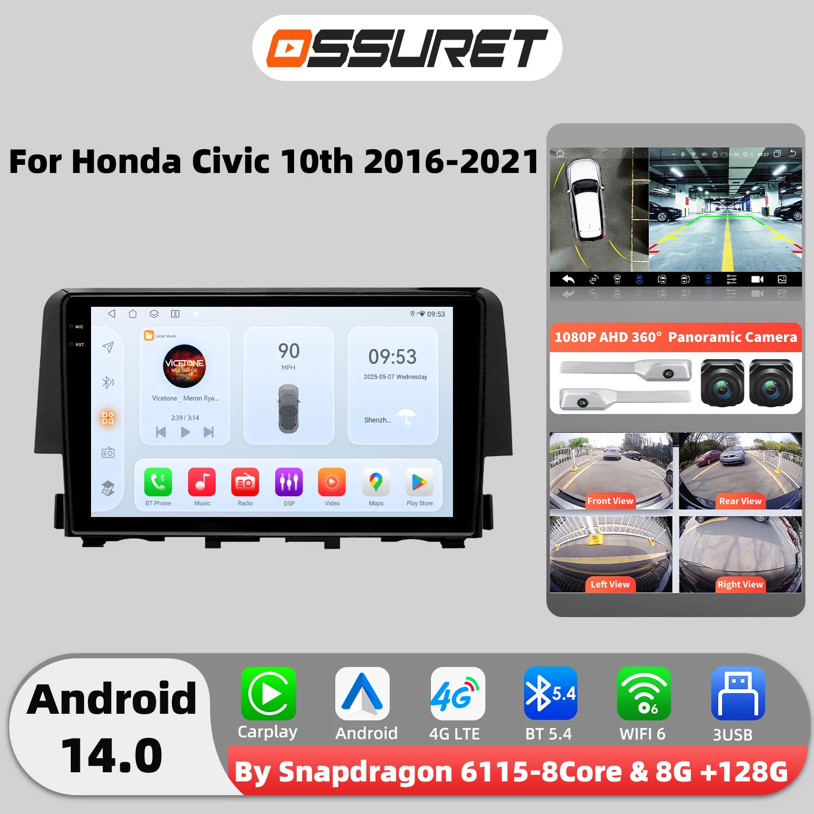 

Автомагнитола 4G 8-ядерная на Android 14 для Honda Civic 10-го поколения 2016-2021, мультимедийный видеоплеер, GPS-стереосистема, камера 360°, интеллектуальный автомобильный экран