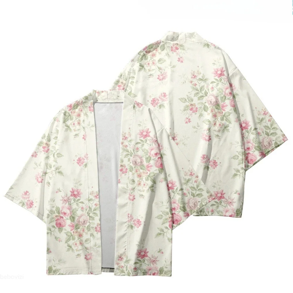 سترة كيمونو عادية موضة زهرة طباعة المرأة يوكاتا 2025 الصيف قميص الشاطئ اليابانية Haori الملابس المتضخم