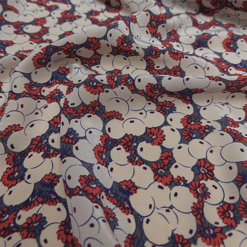 1 meter 100% Mulberry Silk 16 momme Crepe Silk Fabric Red Floral Printed 140cm 55" wide by the yard JX252