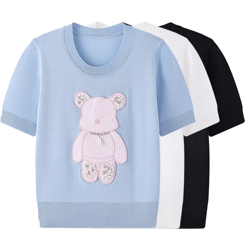 2024 Summer New Cartoon Bear Bead Design Knitting Jumper Short Sleeve Women\'s Casual Knitwear Brand Fashion Ladies Sweater